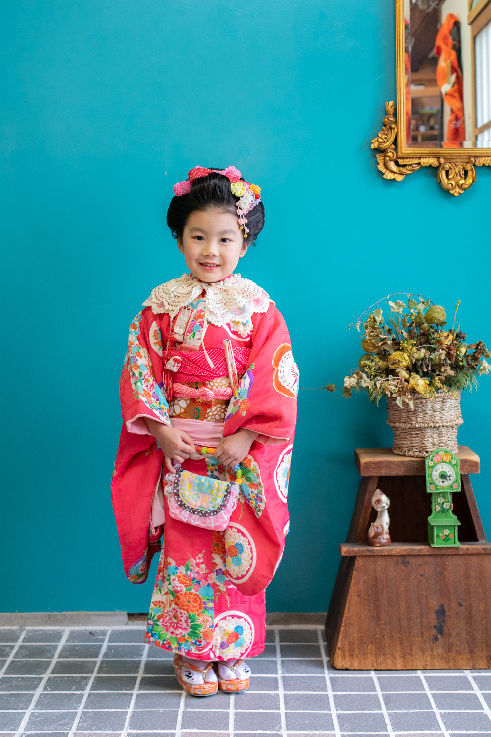 濃いめのピンクに友禅染☆３歳女の子七五三着物 絹-