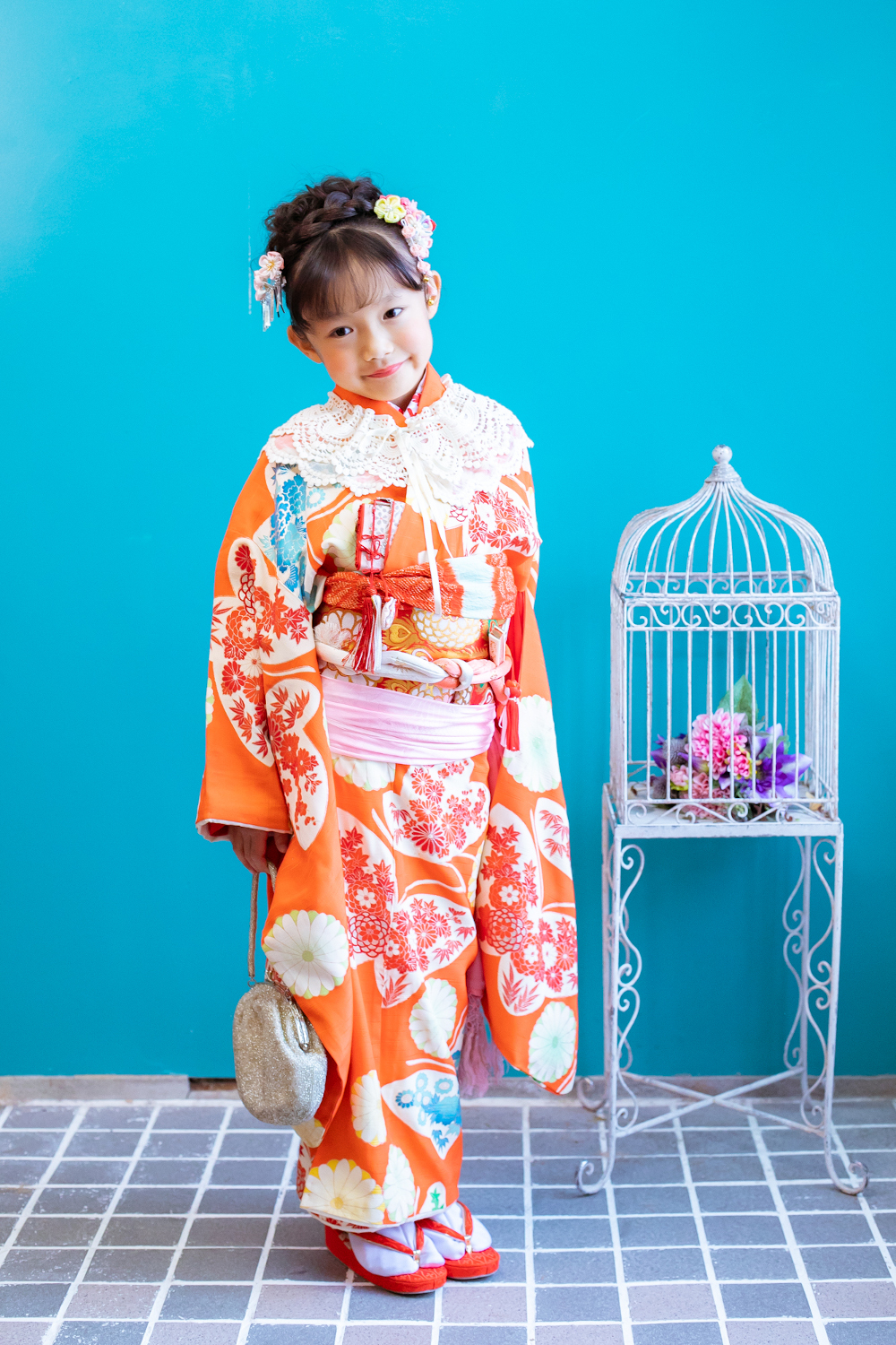 7歳女の子】七五三 オレンジ地友禅祝い着 – 京都着物 宮川徳三郎商店